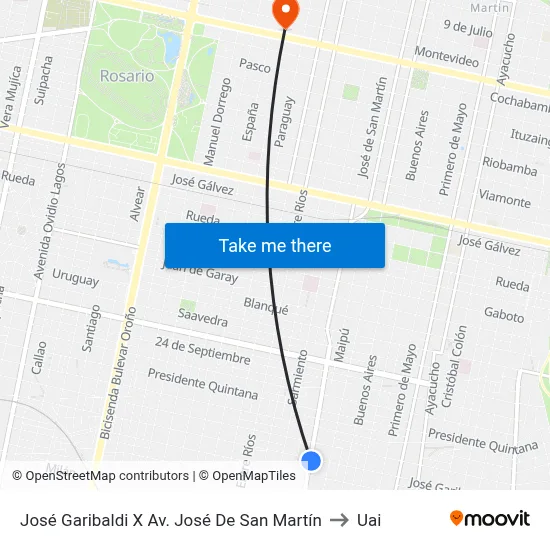 José Garibaldi X Av. José De San Martín to Uai map