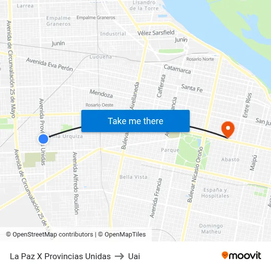 La Paz X Provincias Unidas to Uai map