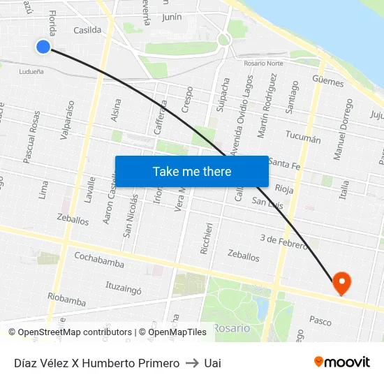 Díaz Vélez X Humberto Primero to Uai map