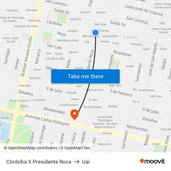 Córdoba X Presidente Roca to Uai map