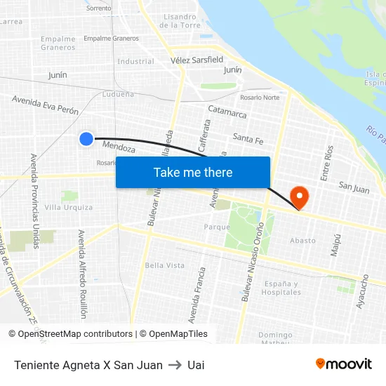 Teniente Agneta X San Juan to Uai map