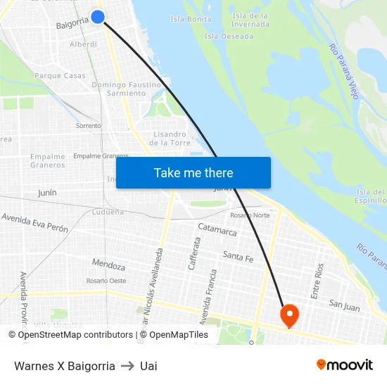 Warnes X Baigorria to Uai map