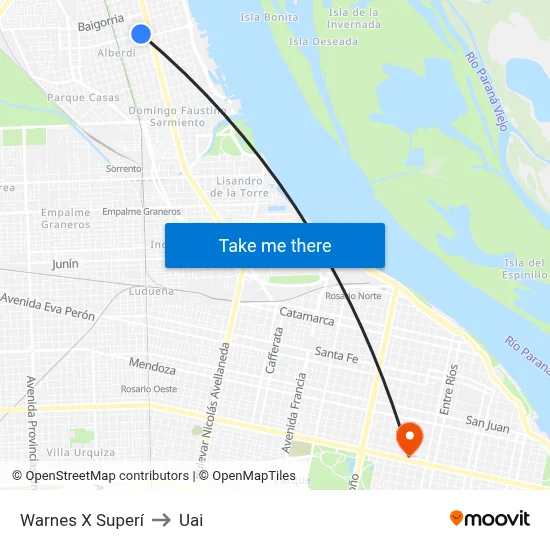 Warnes X Superí to Uai map