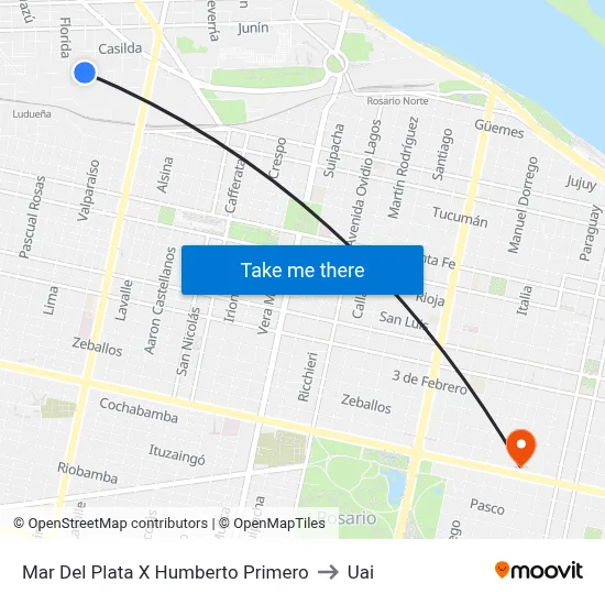 Mar Del Plata X Humberto Primero to Uai map