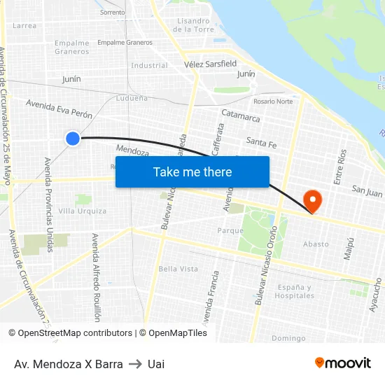 Av. Mendoza X Barra to Uai map