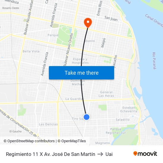 Regimiento 11 X Av. José De San Martín to Uai map