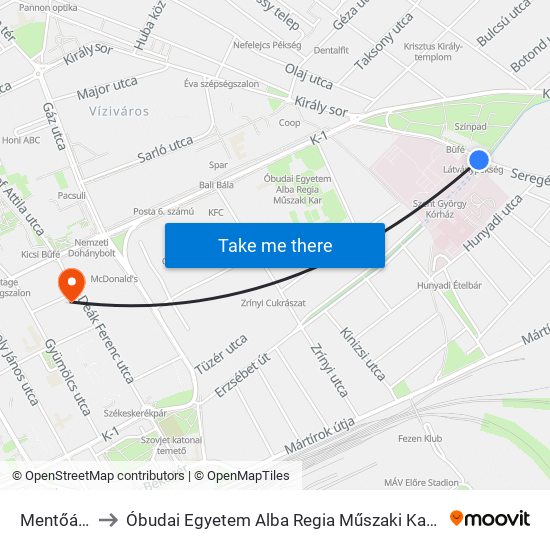 Mentőállomás to Óbudai Egyetem Alba Regia Műszaki Kar Geoinformatikai Intézet map