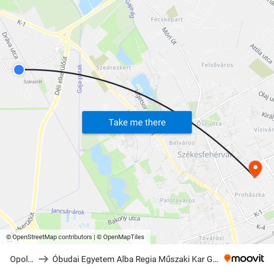 Opole Tér to Óbudai Egyetem Alba Regia Műszaki Kar Geoinformatikai Intézet map