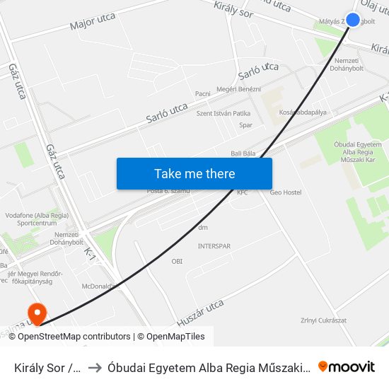Király Sor / Géza Utca to Óbudai Egyetem Alba Regia Műszaki Kar Geoinformatikai Intézet map