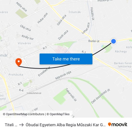 Titeli Utca to Óbudai Egyetem Alba Regia Műszaki Kar Geoinformatikai Intézet map