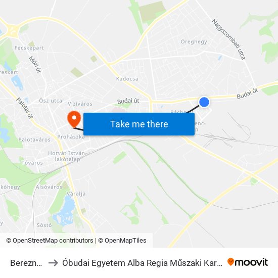 Bereznai Utca to Óbudai Egyetem Alba Regia Műszaki Kar Geoinformatikai Intézet map