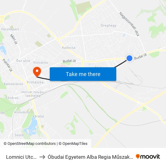 Lomnici Utca / Budai Út to Óbudai Egyetem Alba Regia Műszaki Kar Geoinformatikai Intézet map