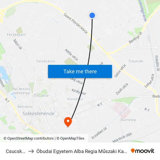 Csucskai Utca to Óbudai Egyetem Alba Regia Műszaki Kar Geoinformatikai Intézet map