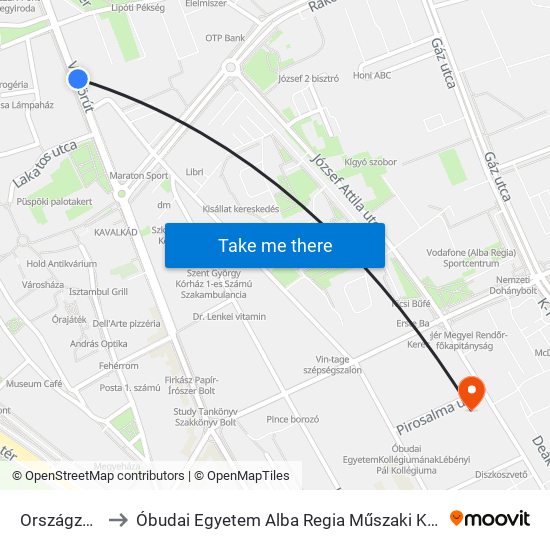 Országzászló Tér to Óbudai Egyetem Alba Regia Műszaki Kar Geoinformatikai Intézet map