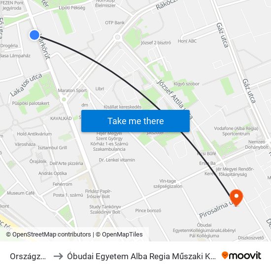 Országzászló Tér to Óbudai Egyetem Alba Regia Műszaki Kar Geoinformatikai Intézet map