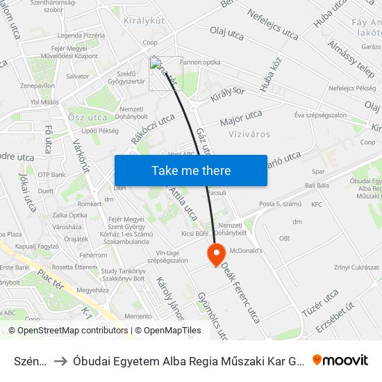 Széna Tér to Óbudai Egyetem Alba Regia Műszaki Kar Geoinformatikai Intézet map