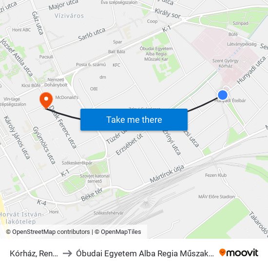 Kórház, Rendelőintézet to Óbudai Egyetem Alba Regia Műszaki Kar Geoinformatikai Intézet map