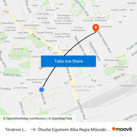 Tóvárosi Lakónegyed to Óbudai Egyetem Alba Regia Műszaki Kar Geoinformatikai Intézet map