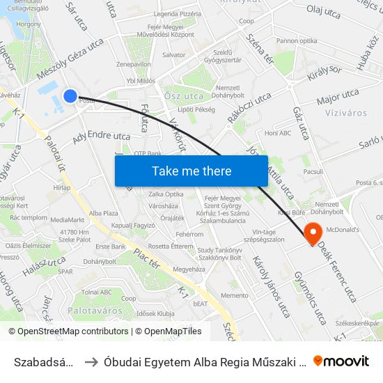 Szabadságharcos Út to Óbudai Egyetem Alba Regia Műszaki Kar Geoinformatikai Intézet map