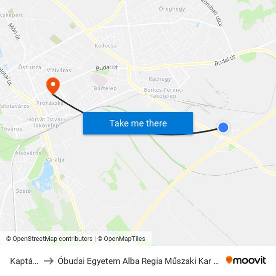 Kaptár Utca to Óbudai Egyetem Alba Regia Műszaki Kar Geoinformatikai Intézet map