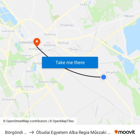 Börgöndi Elágazás to Óbudai Egyetem Alba Regia Műszaki Kar Geoinformatikai Intézet map