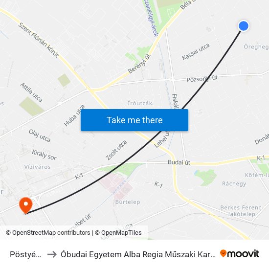 Pöstyéni Utca to Óbudai Egyetem Alba Regia Műszaki Kar Geoinformatikai Intézet map