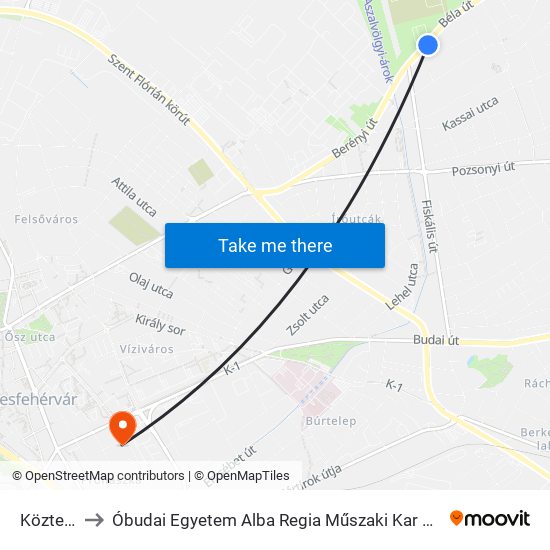 Köztemető to Óbudai Egyetem Alba Regia Műszaki Kar Geoinformatikai Intézet map