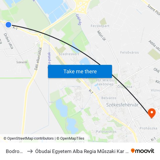 Bodrogi Utca to Óbudai Egyetem Alba Regia Műszaki Kar Geoinformatikai Intézet map