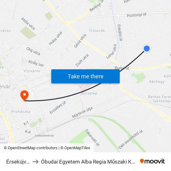 Érsekújvári Utca to Óbudai Egyetem Alba Regia Műszaki Kar Geoinformatikai Intézet map