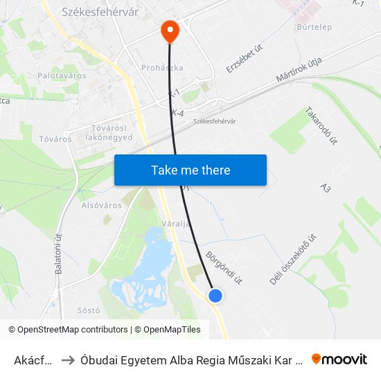 Akácfa Utca to Óbudai Egyetem Alba Regia Műszaki Kar Geoinformatikai Intézet map