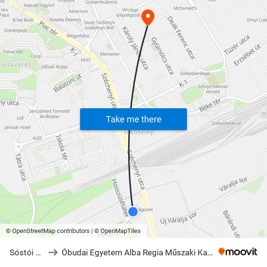 Sóstói Temető to Óbudai Egyetem Alba Regia Műszaki Kar Geoinformatikai Intézet map