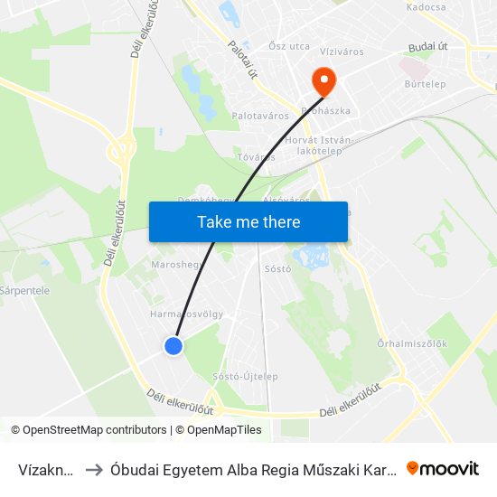 Vízaknai Utca to Óbudai Egyetem Alba Regia Műszaki Kar Geoinformatikai Intézet map