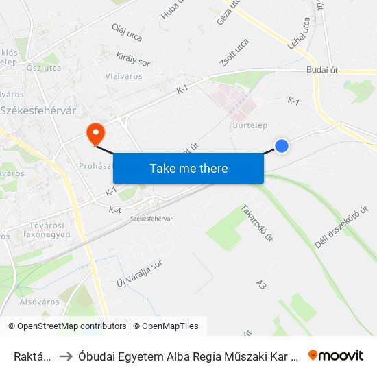 Raktár Utca to Óbudai Egyetem Alba Regia Műszaki Kar Geoinformatikai Intézet map