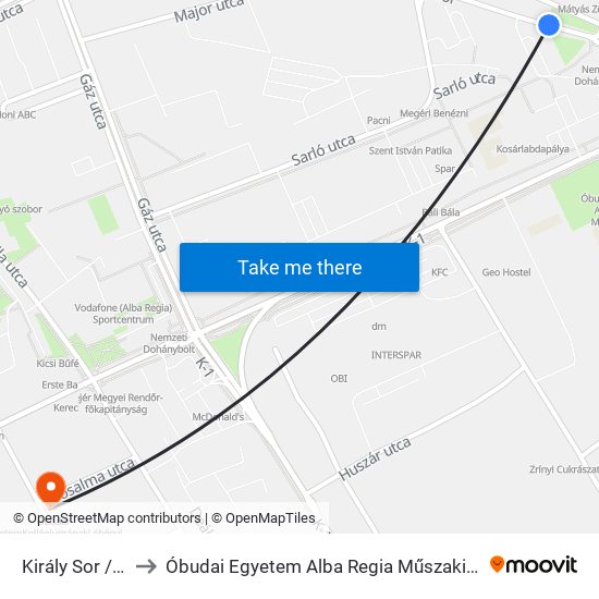 Király Sor / Géza Utca to Óbudai Egyetem Alba Regia Műszaki Kar Geoinformatikai Intézet map