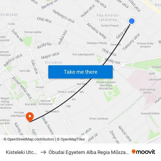 Kisteleki Utca / Géza Utca to Óbudai Egyetem Alba Regia Műszaki Kar Geoinformatikai Intézet map