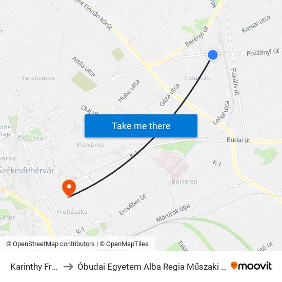 Karinthy Frigyes Utca to Óbudai Egyetem Alba Regia Műszaki Kar Geoinformatikai Intézet map