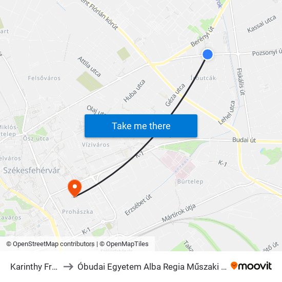 Karinthy Frigyes Utca to Óbudai Egyetem Alba Regia Műszaki Kar Geoinformatikai Intézet map