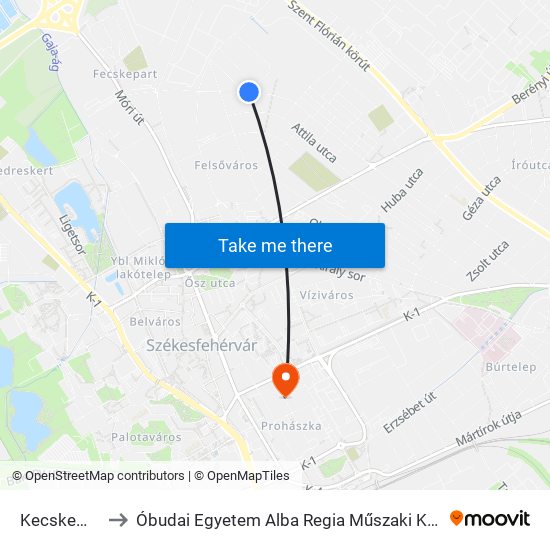 Kecskeméti Utca to Óbudai Egyetem Alba Regia Műszaki Kar Geoinformatikai Intézet map