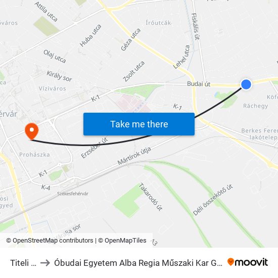 Titeli Utca to Óbudai Egyetem Alba Regia Műszaki Kar Geoinformatikai Intézet map