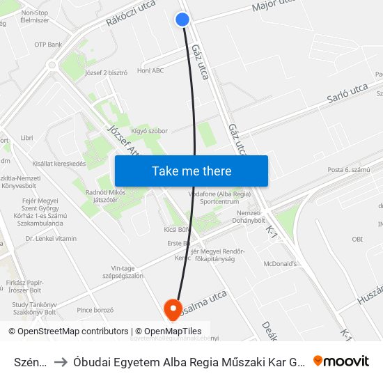 Széna Tér to Óbudai Egyetem Alba Regia Műszaki Kar Geoinformatikai Intézet map