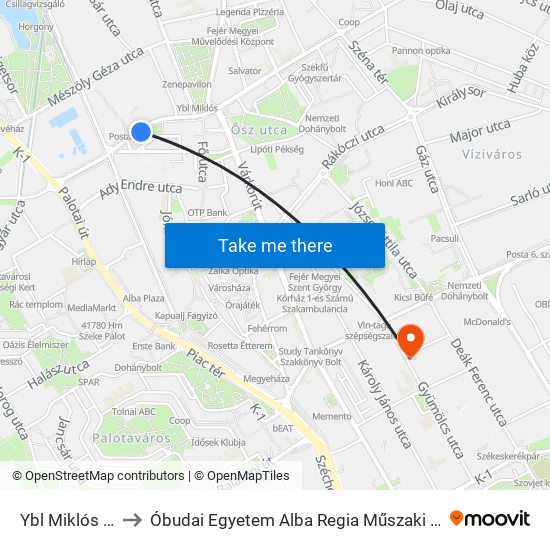 Ybl Miklós Lakótelep to Óbudai Egyetem Alba Regia Műszaki Kar Geoinformatikai Intézet map