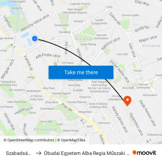 Szabadságharcos Út to Óbudai Egyetem Alba Regia Műszaki Kar Geoinformatikai Intézet map