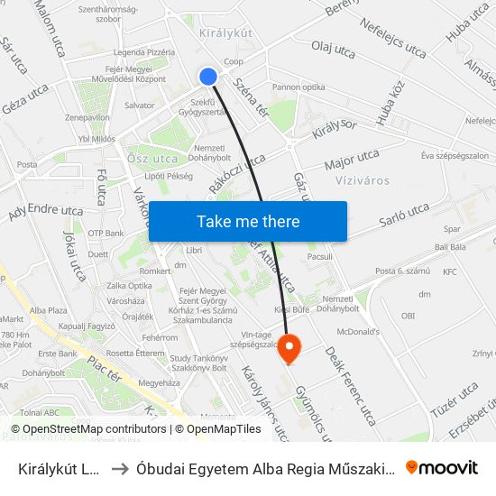 Királykút Lakónegyed to Óbudai Egyetem Alba Regia Műszaki Kar Geoinformatikai Intézet map