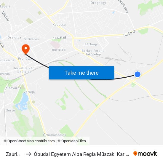 Zsurló Utca to Óbudai Egyetem Alba Regia Műszaki Kar Geoinformatikai Intézet map