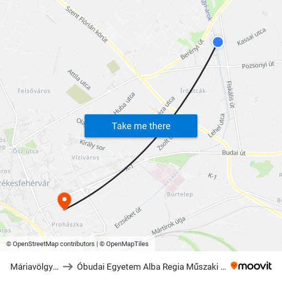 Máriavölgyi Elágazás to Óbudai Egyetem Alba Regia Műszaki Kar Geoinformatikai Intézet map