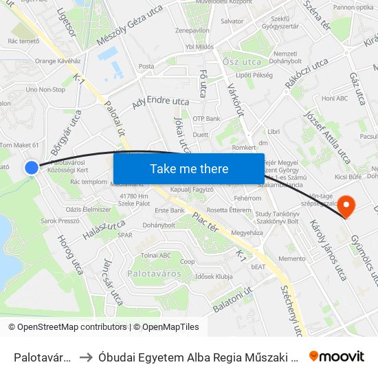 Palotavárosi Tavak to Óbudai Egyetem Alba Regia Műszaki Kar Geoinformatikai Intézet map