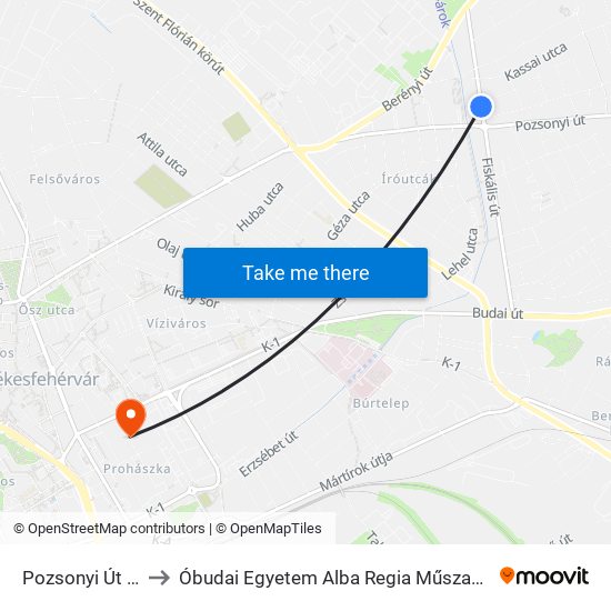 Pozsonyi Út / Fiskális Út to Óbudai Egyetem Alba Regia Műszaki Kar Geoinformatikai Intézet map