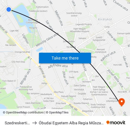 Szedreskerti Lakónegyed to Óbudai Egyetem Alba Regia Műszaki Kar Geoinformatikai Intézet map