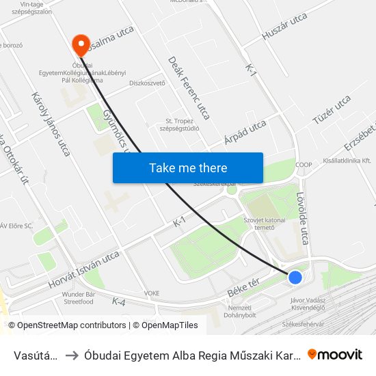 Vasútállomás to Óbudai Egyetem Alba Regia Műszaki Kar Geoinformatikai Intézet map