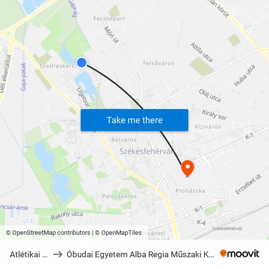 Atlétikai Központ to Óbudai Egyetem Alba Regia Műszaki Kar Geoinformatikai Intézet map